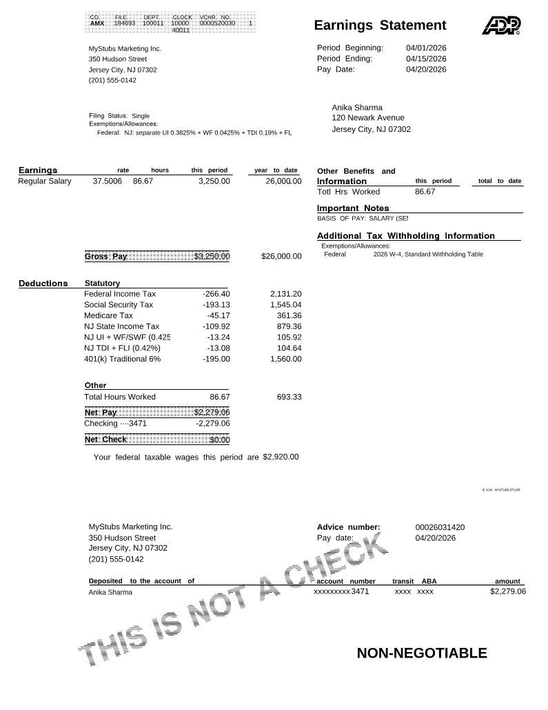 ADP Earnings Statement template populated with Anika Sharma's April 2026 New Jersey paystub, annotated with twelve numbered zone markers