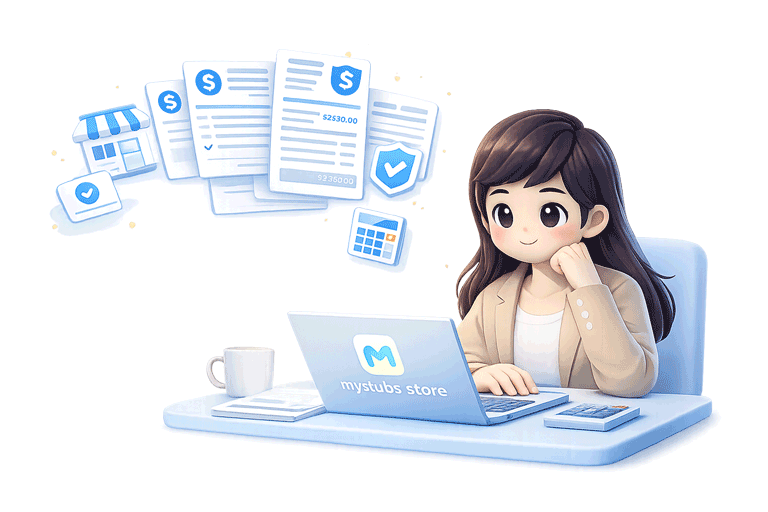 Artwork of an employer at a desk holding multiple paystubs