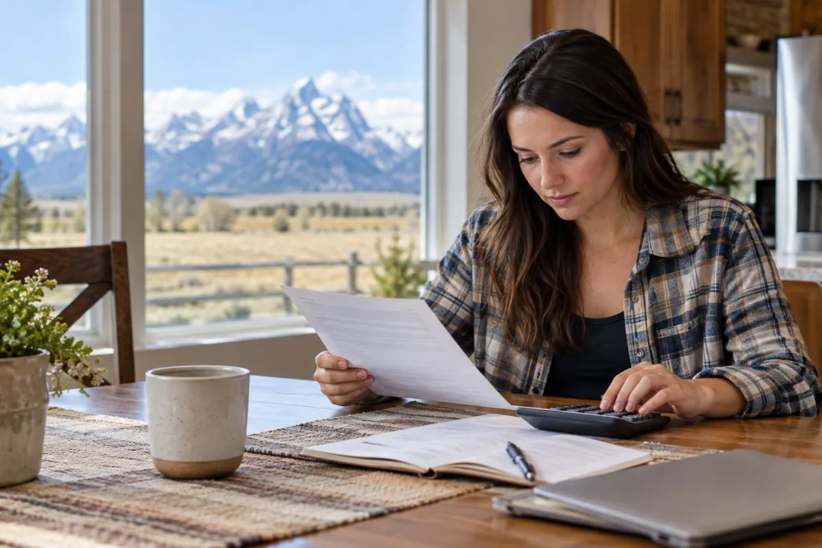 A person reviews a pay statement beside a laptop, illustrating paycheck withholding in Wyoming.