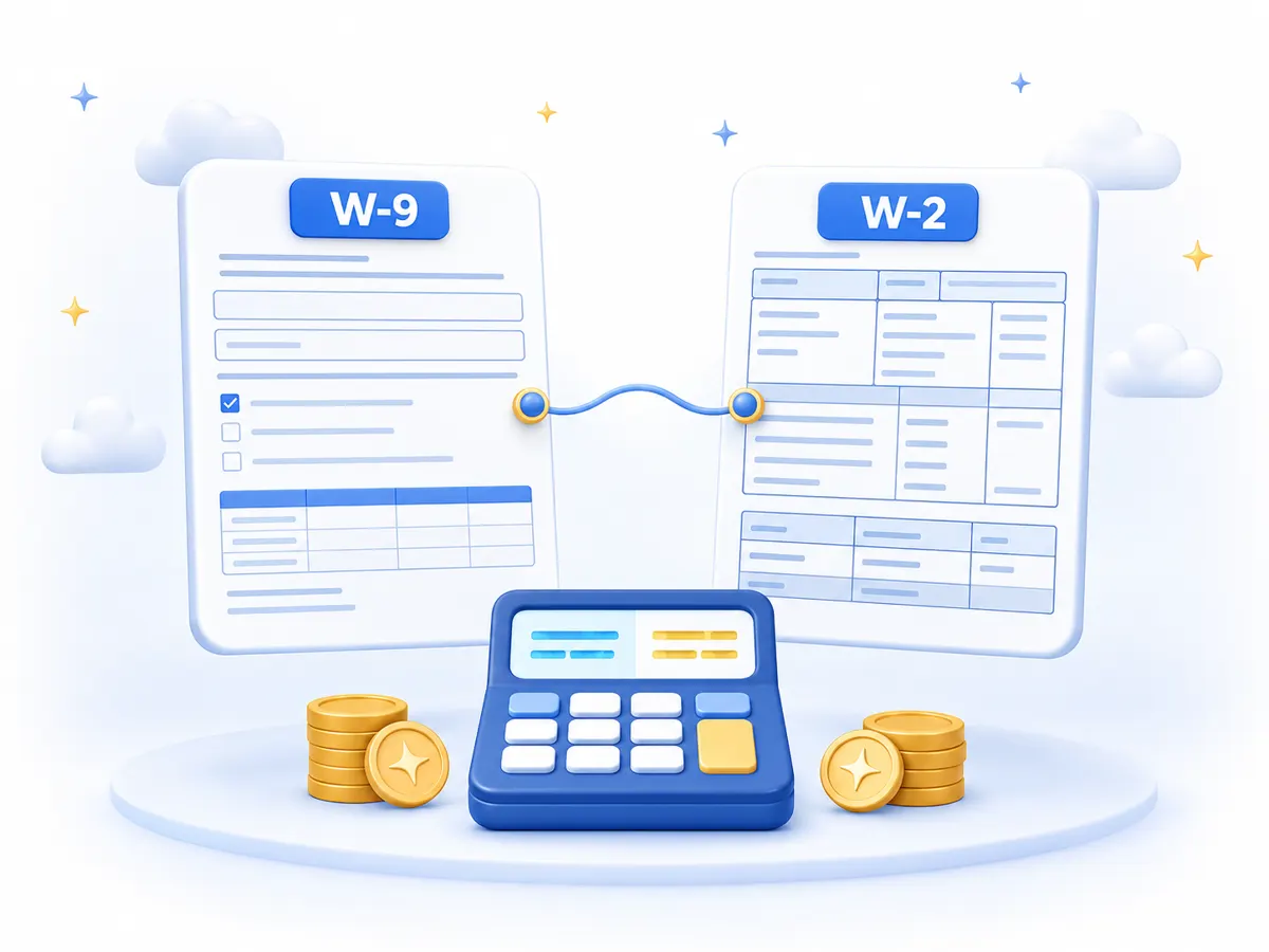 W-9 vs W-2 — IRS Form W-9 and Form W-2 placed side by side with worker classification highlights between them.
